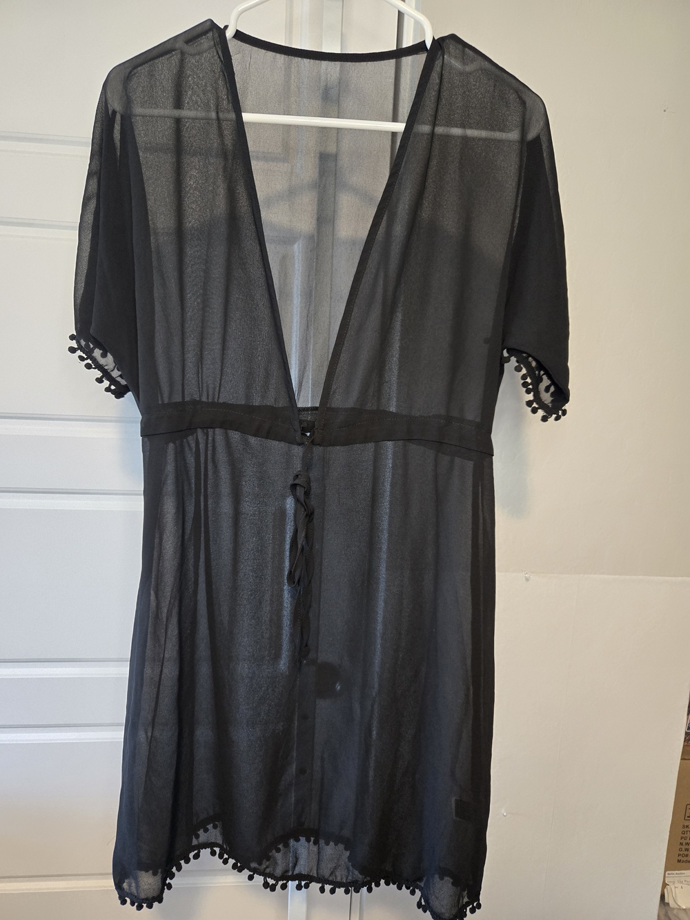 Sheer Black Pom Pom Trim Cover-Up